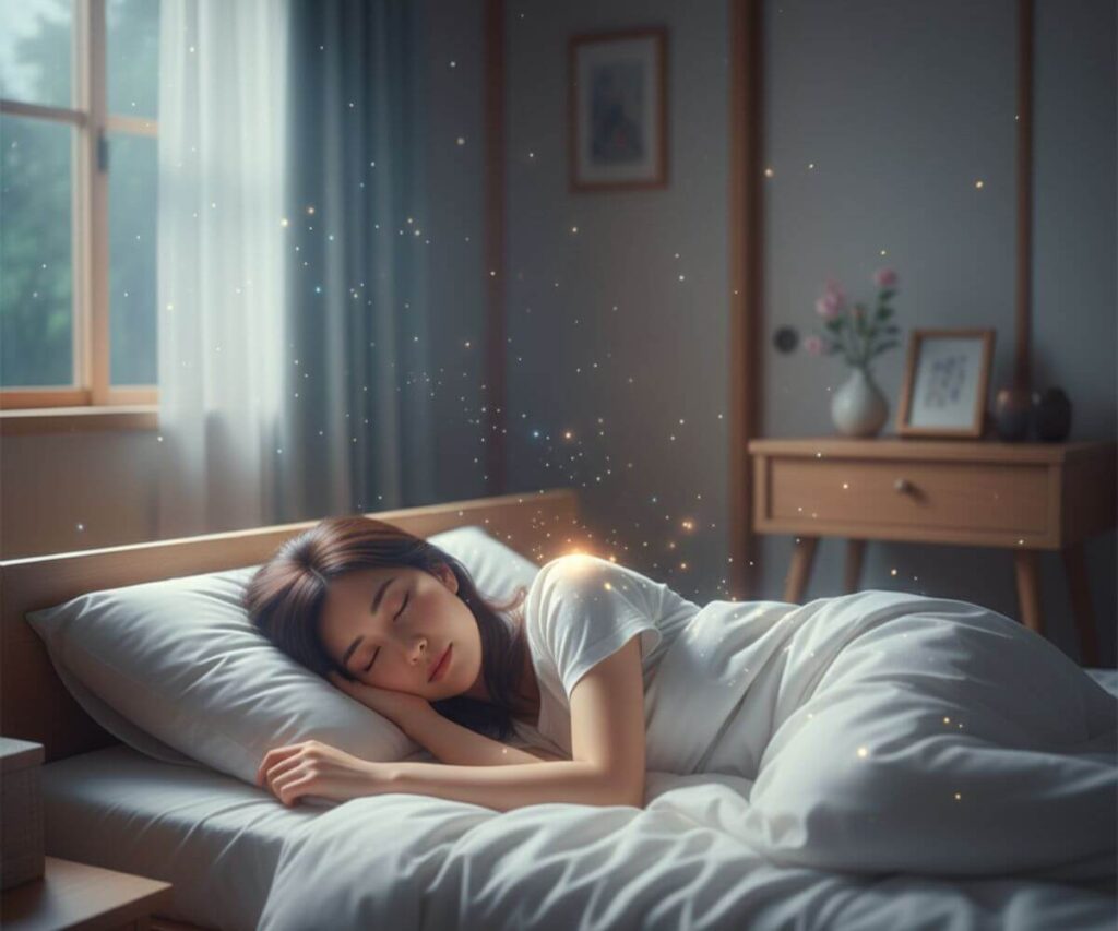 夢の中でツインレイと繋がる穏やかな眠りにつく女性