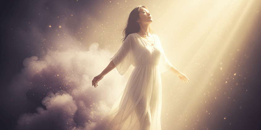 闇から光へと向かいツインレイ統合を果たす女性の変容イメージ