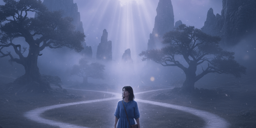 スピリチュアルな道の分かれ道に立つ女性の象徴的イメージ