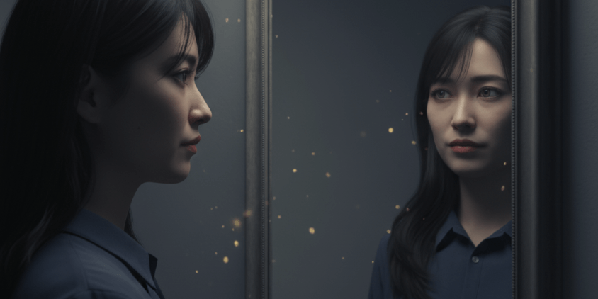鏡に映る自分の影（シャドウ）と向き合う女性