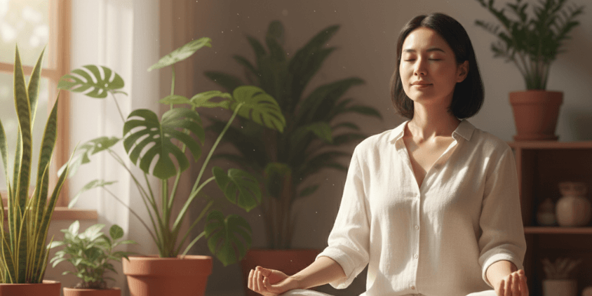 瞑想で心を整える女性の穏やかな朝の風景