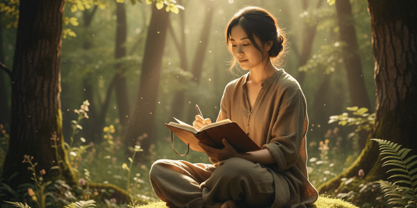 自然の中で感情と向き合いながら日記を書く女性