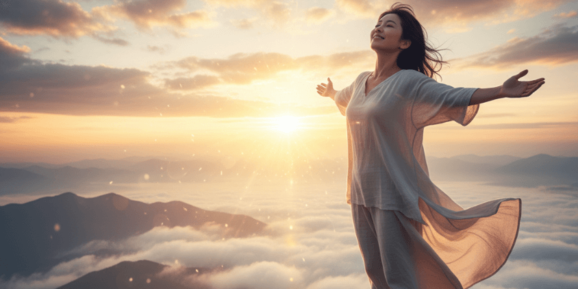 山頂で朝日を浴びながら統合への到達を象徴する女性の姿