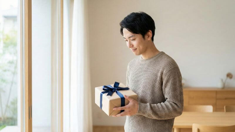 彼女の誕生日プレゼント選びで悩む若い男性が贈り物を手に持ち考える様子