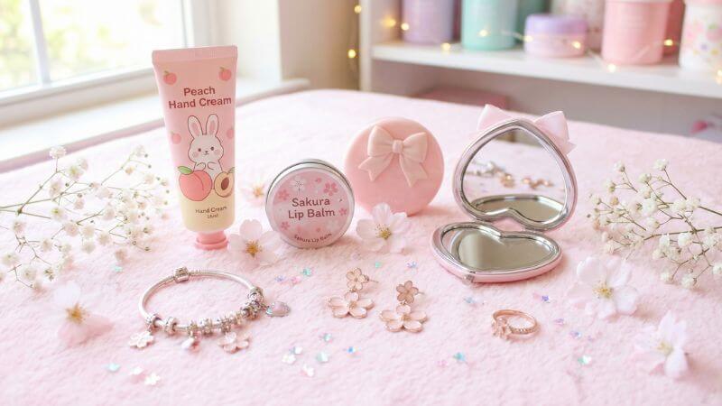 可愛らしいコスメやアクセサリーを喜ぶ高校生の女性とプレゼント