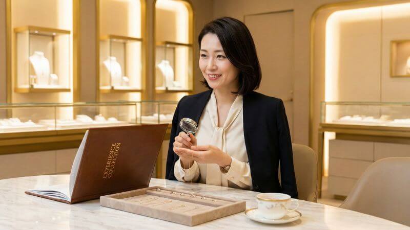 高級ジュエリーと体験ギフトカタログを眺める30代のエレガントな女性