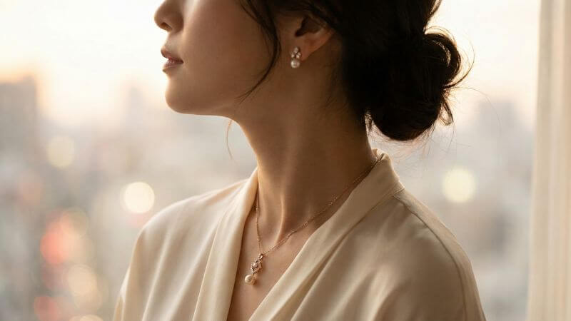 エレガントなネックレスとピアスを身につけた女性の横顔とアクセサリーのクローズアップ