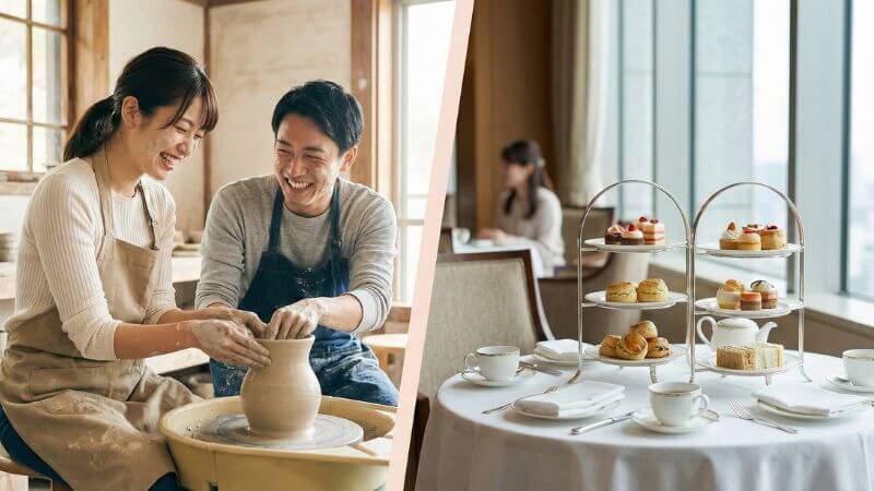 カップルで陶芸体験を楽しむ男女とラグジュアリーホテルのアフタヌーンティーシーン