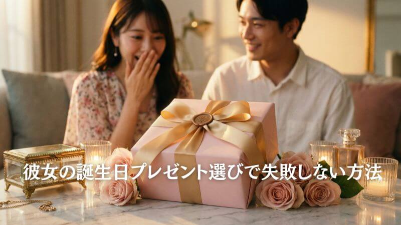 彼女の誕生日プレゼント選びのイメージ。エレガントな贈り物とアクセサリーやコスメが美しく配置され、喜ぶ女性の姿