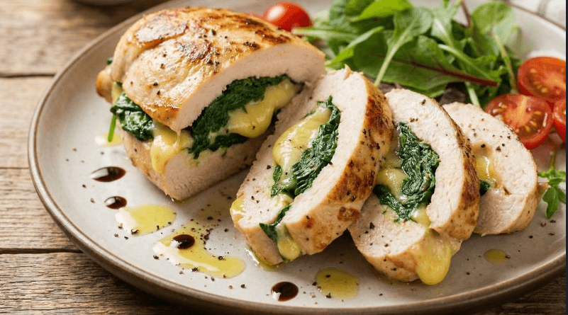 チーズを挟んだ鶏むね肉の蒸し焼きはヘルシーで豪華