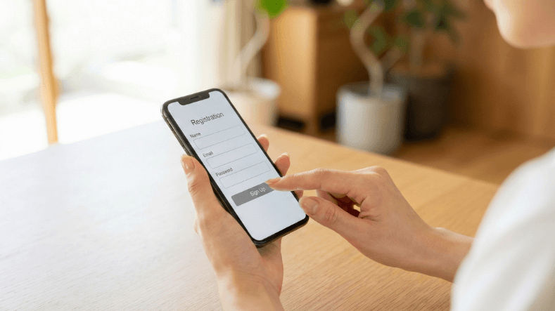 スマートフォンで牛角公式アプリを操作する女性の手元、明るい室内で会員登録画面を見ている様子