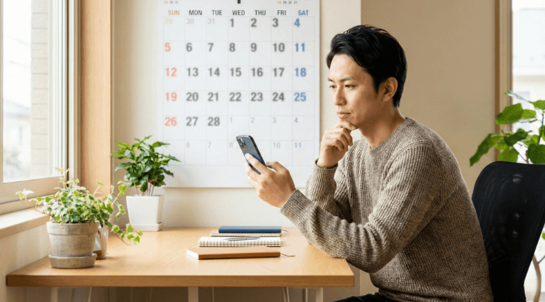 カレンダーとスマートフォンを見ながら誕生日クーポンの配信日を確認する男性、前月25日の期限を意識する表情