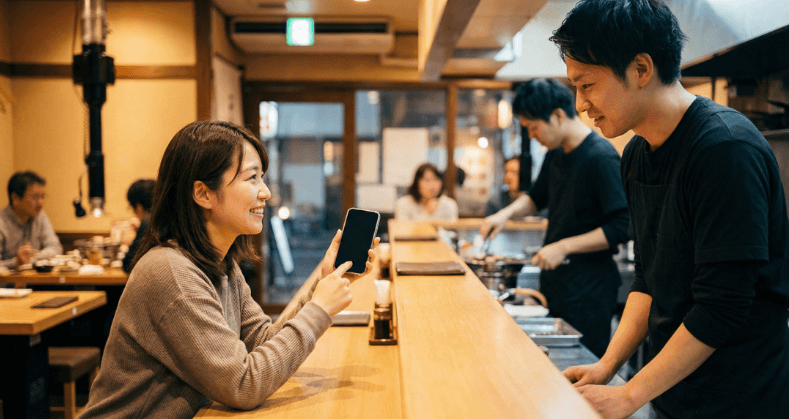 焼肉店の会計カウンターでスマートフォンのクーポン画面を店員に提示する女性、明るく丁寧な接客の様子