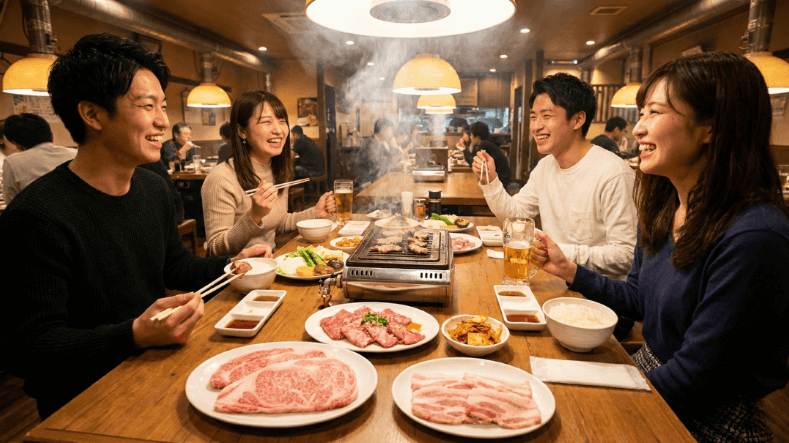 焼肉食べ放題を楽しむグループ、テーブル一杯に並んだ肉やサイドメニュー、網で焼く様子