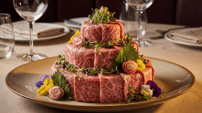 華やかに盛り付けられた肉ケーキ、上質な霜降り肉を使用した豪華なバースデー用特別メニュー