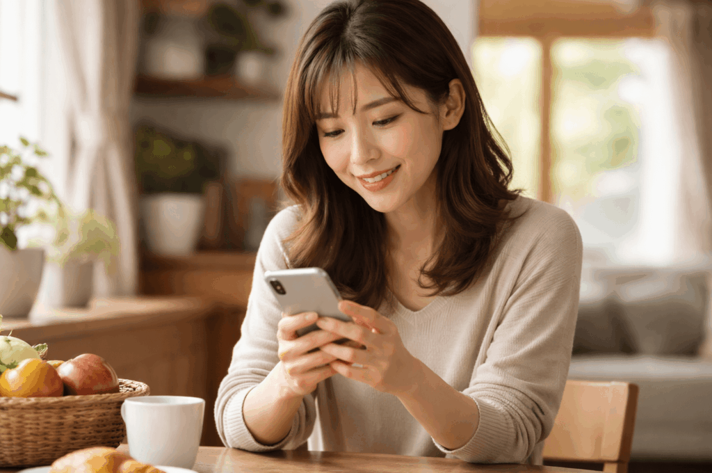 スマートフォンではま寿司の公式アプリを操作する女性