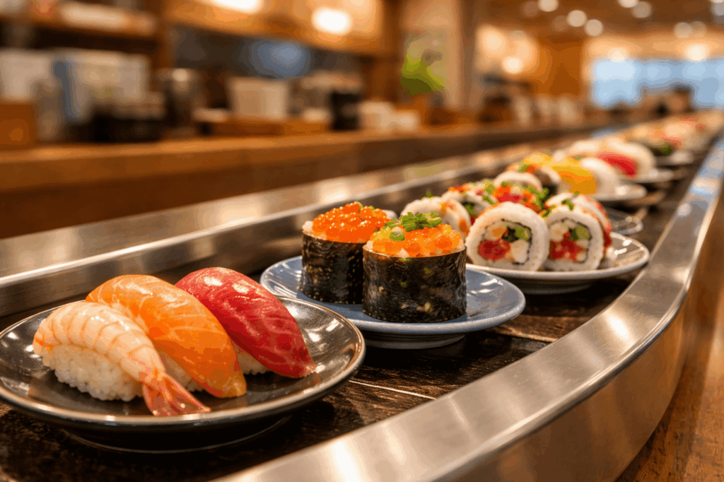 回転寿司レーンを流れる新鮮な寿司の盛り合わせ