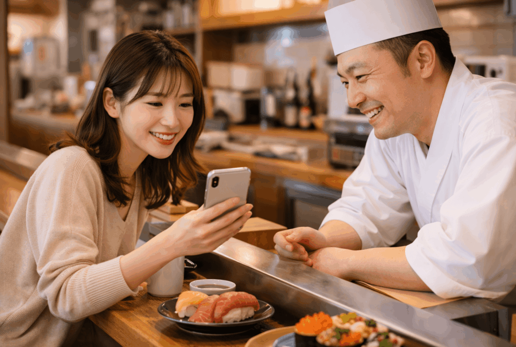 レジでスマートフォンのクーポン画面を店員に提示する女性客