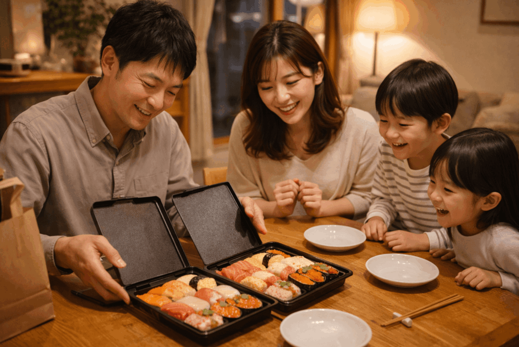 自宅でテイクアウトの寿司を開ける家族