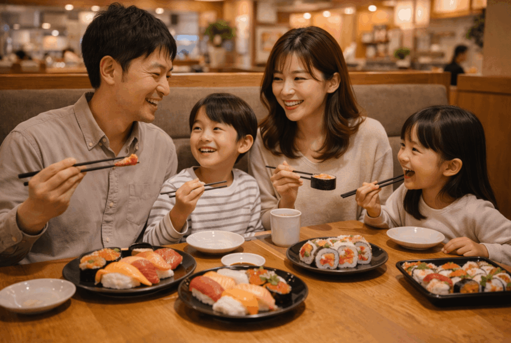 回転寿司店で食事を楽しむ4人家族