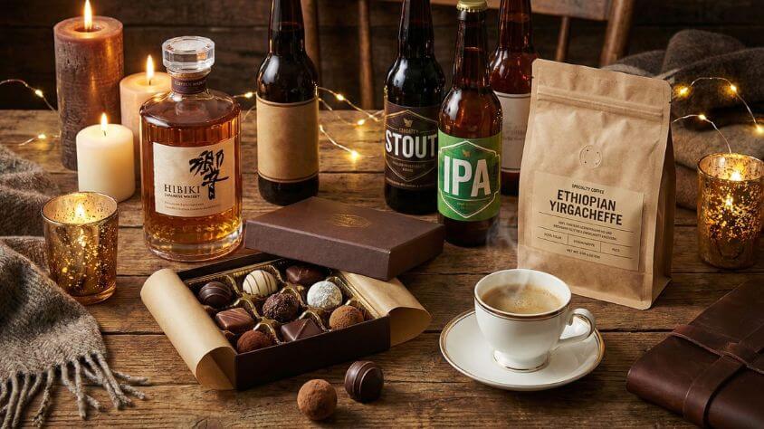 グルメ・ドリンク系プレゼント15選のカテゴリ紹介。お酒・クラフトビール、スイーツ・高級グルメ、コーヒー・紅茶・ドリンクギフトの3分類