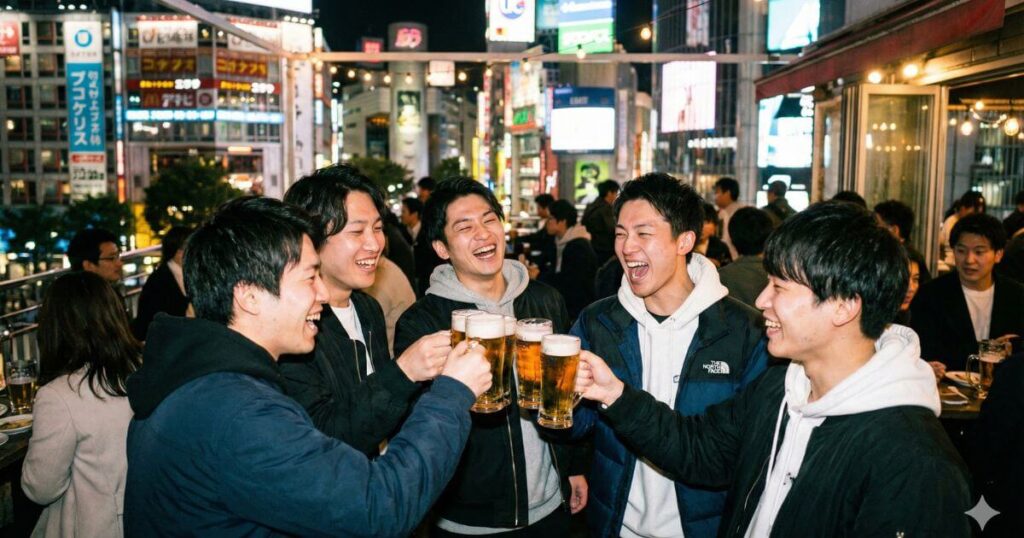 夜のルーフトップバーで楽しそうに乾杯する20代の男性の友人同士