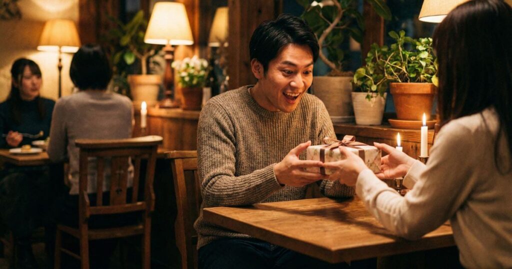 レストランで彼女から誕生日プレゼントを贈られ、嬉しそうな表情を浮かべる20代の男性