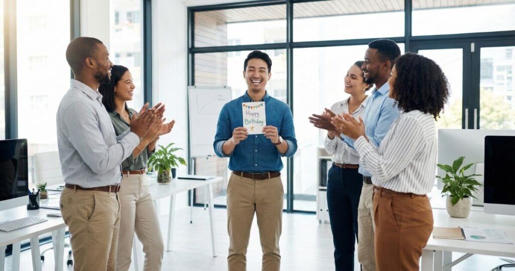 明るいオフィスで同僚たちから誕生日のお祝いメッセージを受け取る20代の日本人会社員