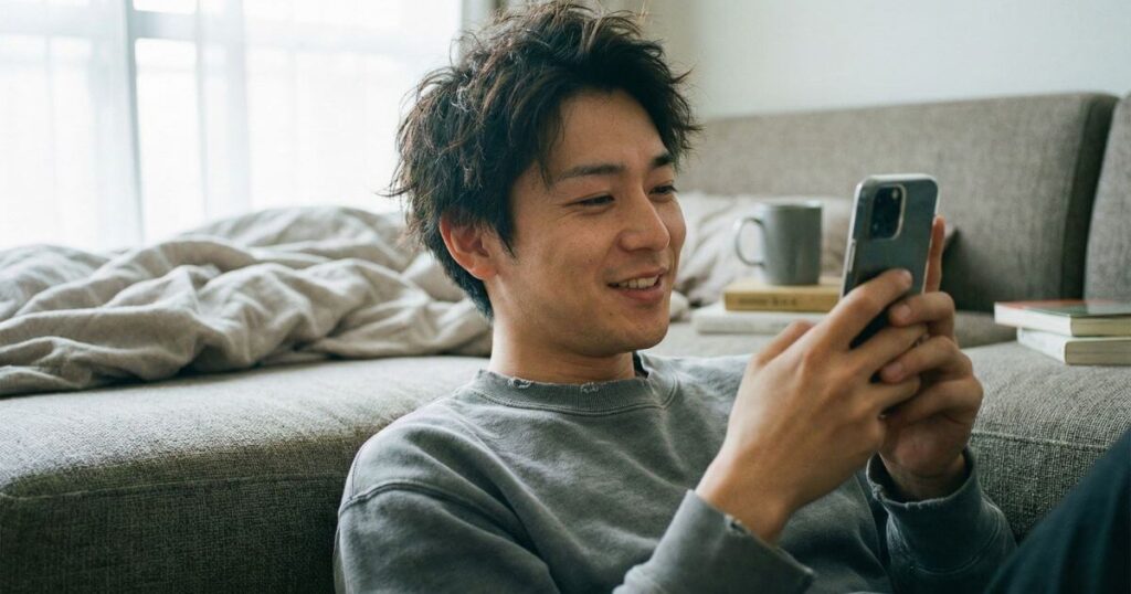 自宅でリラックスしながらスマートフォンに届いたお祝いメッセージを見て微笑む日本人男性