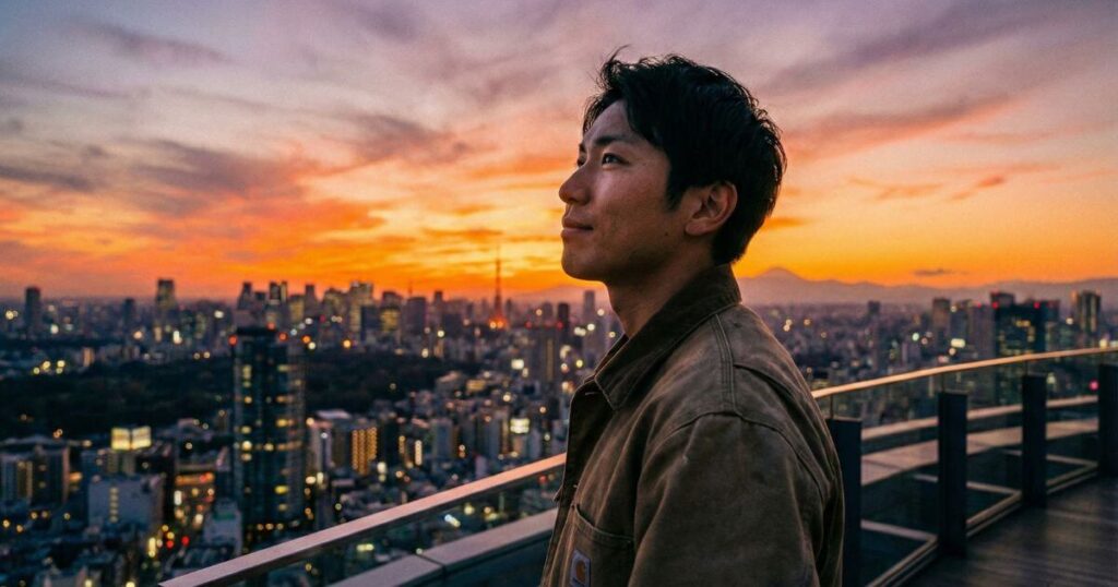 夕暮れ時の街を眺め、未来への希望に満ちた表情を見せる20代の男性