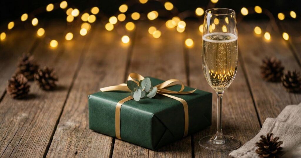 木目のテーブルに置かれた上品なラッピングの誕生日プレゼントとシャンパングラス