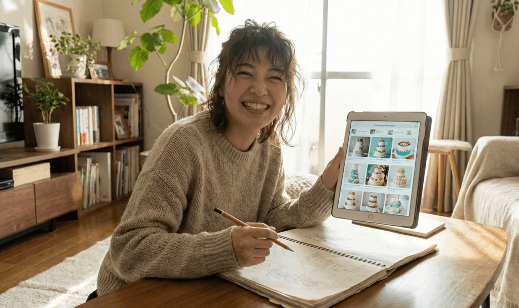 オーダーケーキのデザインをスケッチやタブレットで検討している女性の様子