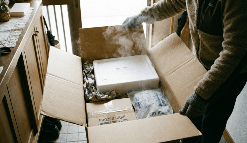 通販サイトで注文し冷凍便で自宅に届いたオーダーケーキを開封している様子