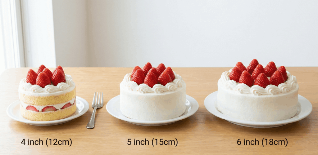 4号、5号、6号のホールケーキを並べて大きさを比較したサイズ感のイメージ