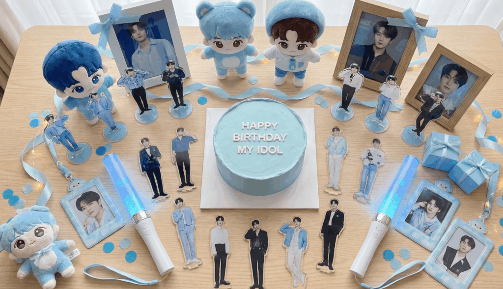 推し活のために用意されたメンバーカラーのセンイルケーキとグッズで作られた祭壇