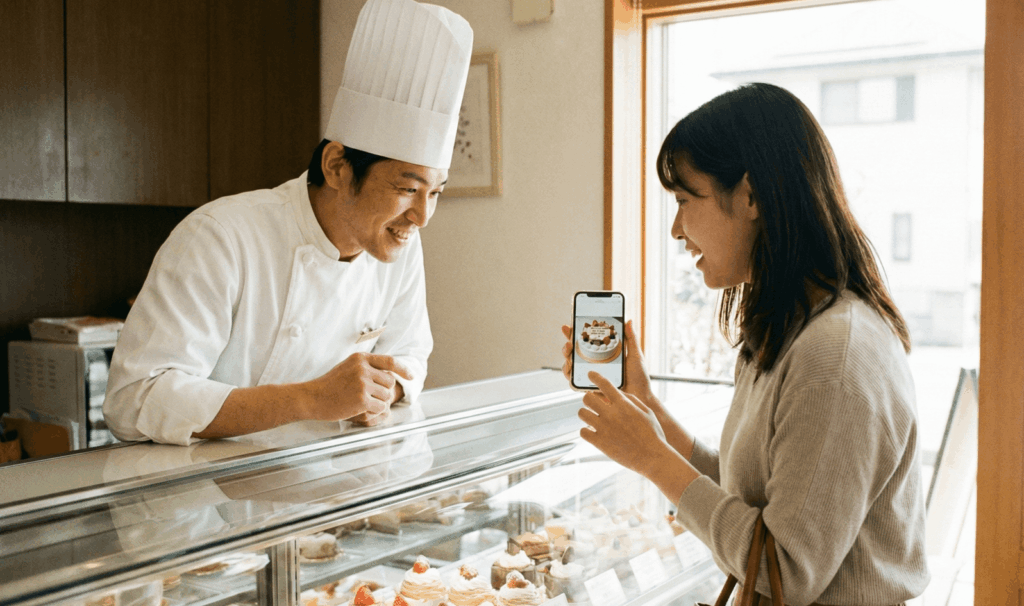 パティシエにスマートフォンの参考画像を見せながらオーダーケーキのデザインを相談する女性