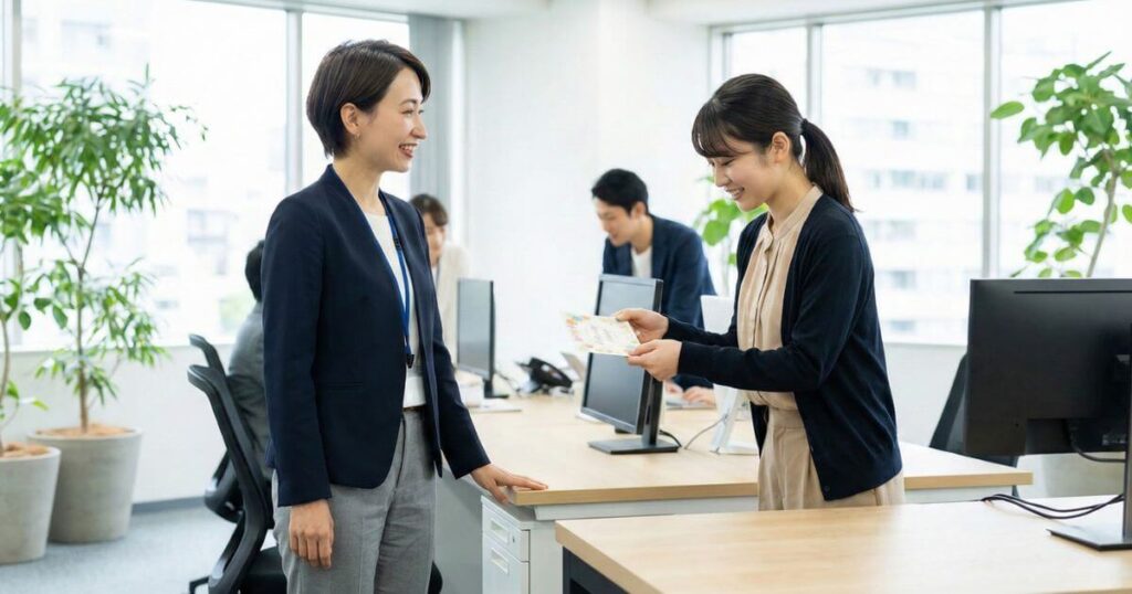 オフィスのデスクで女性の上司へ丁寧に誕生日メッセージカードを手渡す後輩女性