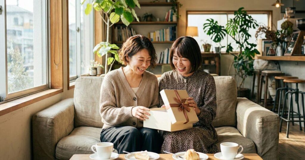 カフェで誕生日プレゼントを囲みながら笑顔で過ごす30代の女性親友同士