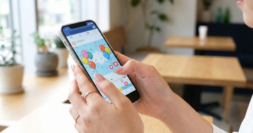 スマートフォンでSNSのおしゃれな誕生日お祝いメッセージを確認する女性の手元