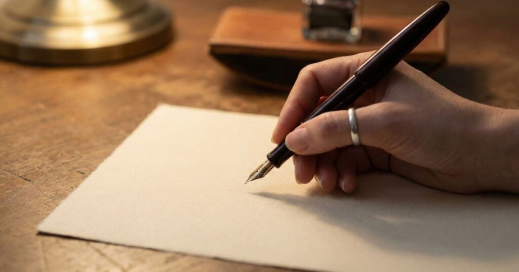 マナーを意識して上質なレターセットに万年筆で丁寧にメッセージを書く女性の手元
